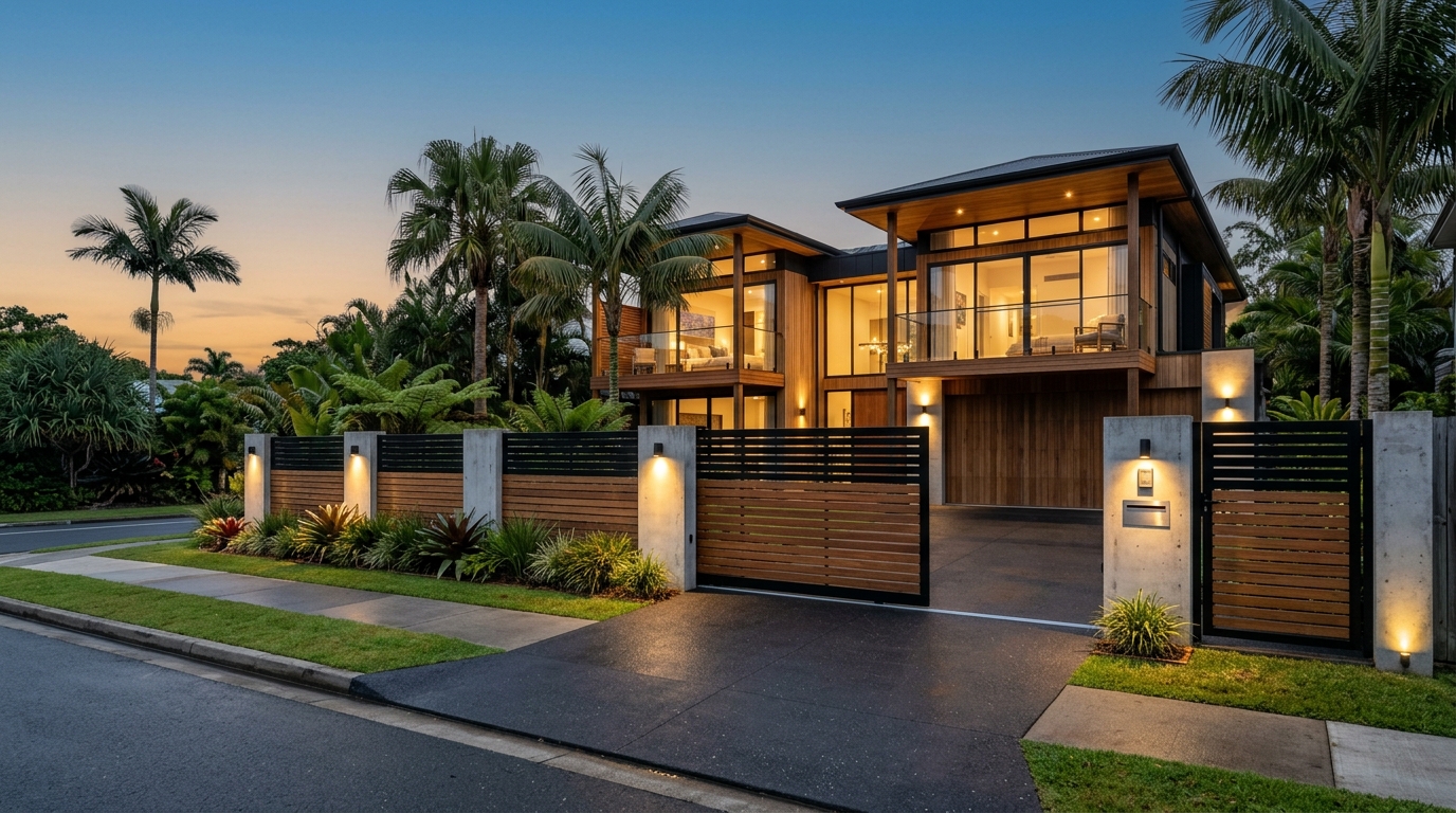 Architectural timber fencing and sliding gate in Sunshine Coast home